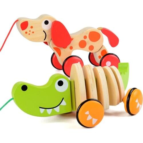 Wooden Baby Walking Toys Animal Dog Trailer Toy Children Toy Car Cartoon Dog Crocodile Wooden Dog Trailer Early Educational Toys