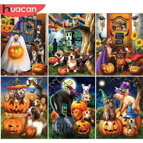 HUACAN 5D Diamond Painting Halloween Dog Full Drill Square Round New Arrival Diamond Embroidery Animal Mosaic Decor For Home
