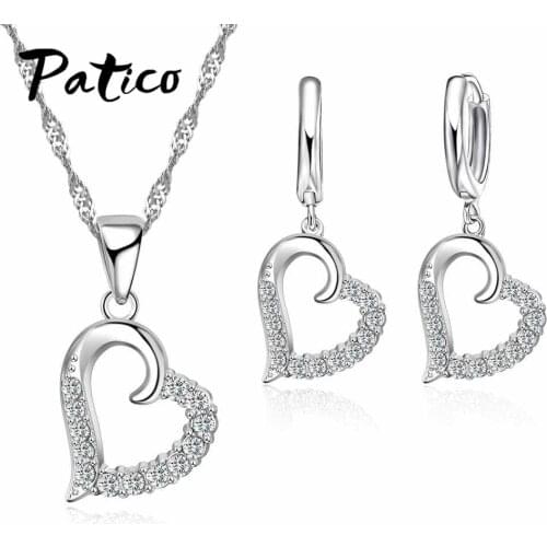 925 Sterling Silver Jewelry Sets Cubic Zircon Stone Love Heart Austrian Crystal Necklace Huggie Earrings Women Best Gift