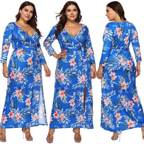 Autumn Winter Plus Size Womens Printed Waistband Split Deep V Irregular 3/4 Sleeve Dress 2020 Hot Casual Personality