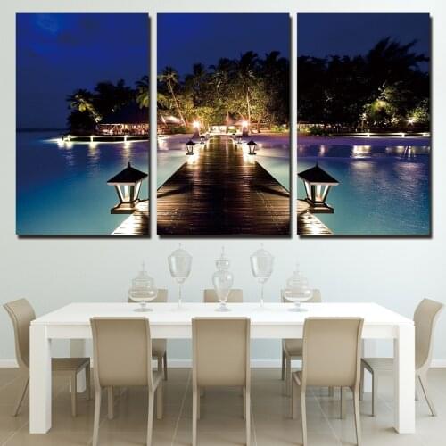Posters Home Decor Pictures Canvas HD Prints Framework 3 Pieces Coast Night Palms Seaside Nightscape Paintings Wall Art