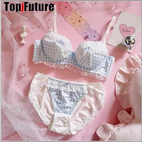 PLUS SIZE Japanese underwear lovely girl sweet blue plaid bubble lace with steel ring, thin large gathered bra suit