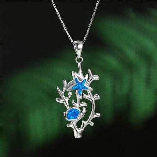 Luxury Female Blue Opal Pendant Necklace Charm Silver Color Chain Necklaces For Women Dainty Ocean Coral Wedding Necklace