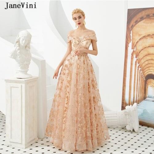 JaneVini Luxury Shiny Sequined Floor Length Long Prom Party Dresses A Line Sleeveless Off Shoulder Formal Gowns Vestidos De Gala