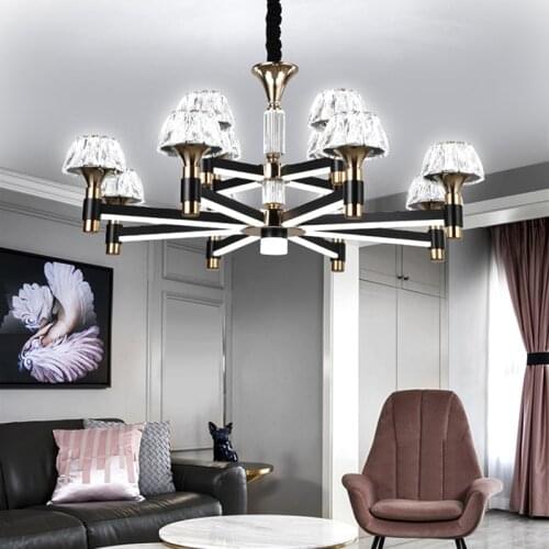 Modern Crystal Led Chandeliers Lighting Black Gold Metal Living Room Led Pendant Chandelier Lights Bedroom Hanging Lamp Fixtures
