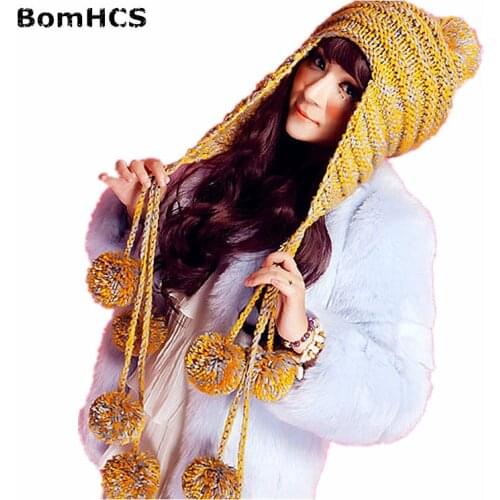 BomHCS 100% Handmade Warm Knitted Womens Girls Earflap Beanie Cute Fashion Hat with 9 Poms