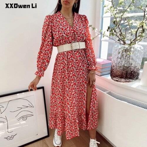 2021 Fashion Summer Floral Print Party Dress Elegant Long Sleeve V Neck Autumn Dress Casual Sexy Slit A-Line Maxi Dress Vestidos