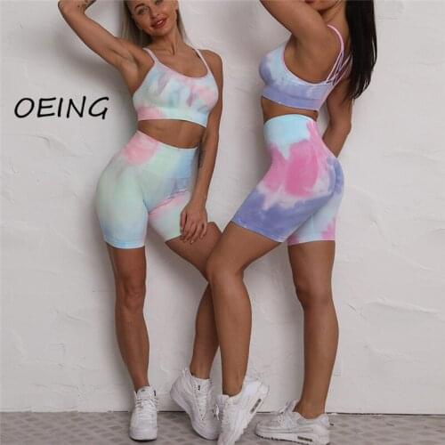2 Piece Set Women Print Yoga Legging Shorts Set Gym Workout Seamless Sprot Sets