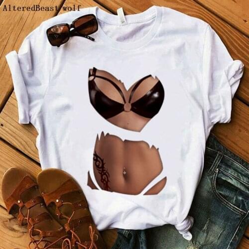Women summer cool tops casual vogue boobs print and short sleeve O-neck t-shirt Big Boobs Sexy black bra design sexy t shirt