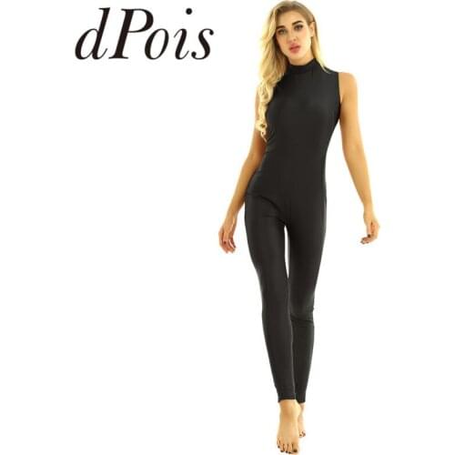 Women Adult One-piece High Neck Sleeveless Solid Color Stretchy Unitard Bodycon Jumpsuits Rompers Yoga Gymnastics Dance Costume