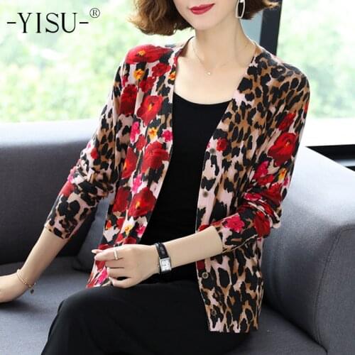 YISU Women Sweater Cardigan Autumn Winter Long sleeve V-neck Fashion Leopard Flower pattern Printed cardigan Sweater Women