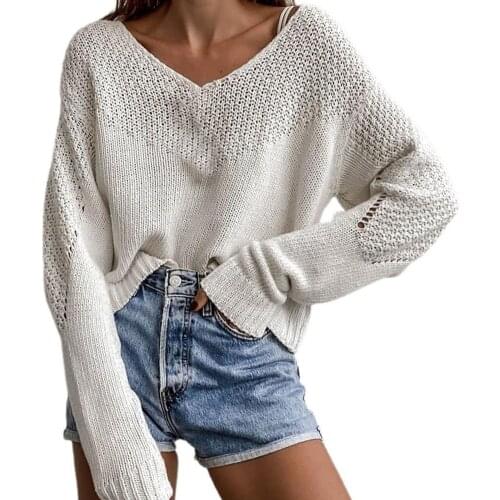 New Stylish V-Neck Long Sleeve Thin Knitted Pullover Topd Blouse Loose Fit Women Autumn Slim Sweater Streetwear