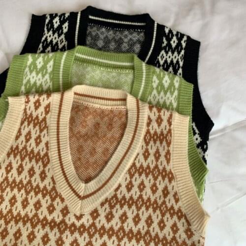 Gkfnmt V Neck Vintage Argyle Sweater Vest Women Black Sleeveless Plaid Knitted Sweaters Y2K Casual Autumn Preppy Style