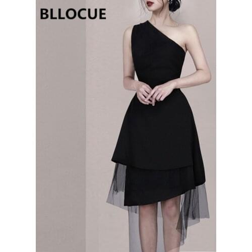 BLLOCUE 2020 Summer Fashion Mesh Splice Asymmetrical Dress Women Oblique Collar Strapless High Waist Ruffles Party Dress