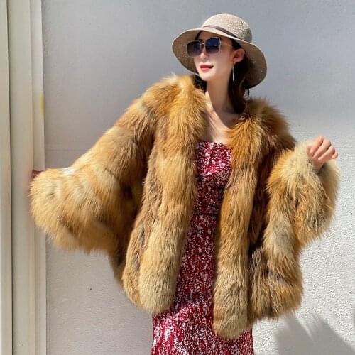 2021 Womens Real Red Fox Fur Coat Winter Luxury WholeSkin Thick Fox Fur Jackets Bat Sleeved Poncho Female Natural Fur Coats