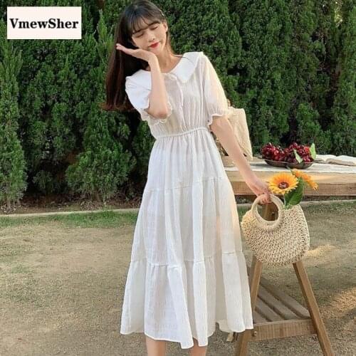 VmewSher New Pleated Dress Women Peter Pan Collar Summer Layered A-line Short Sleeve Purple Sweet Female Mid-calf Dresses 2020