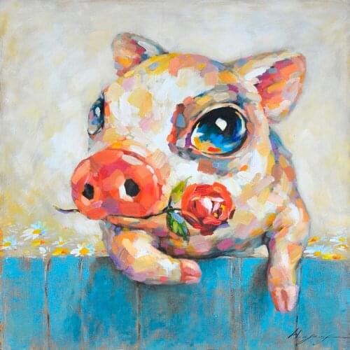 2018 Lovely Baby Pig Piggy With Rose Cartoon Animal Wall Arts Handmade Oil Painting Canvas Child Gift Childrens Room Decoration