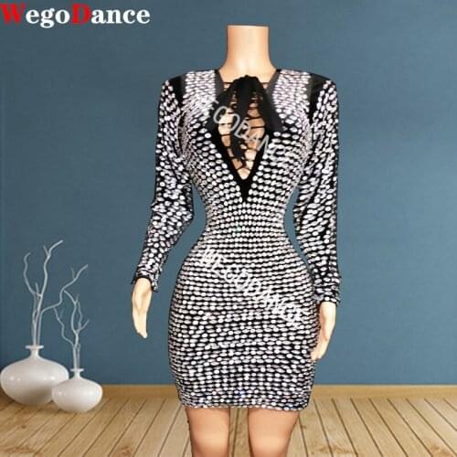 Sparkly Silver Rhinestones Dress Black Velvet Big Stones Singer Outfit Nightclub Birthday Party Stage Show Sexy Dresses