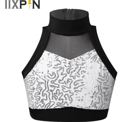 Kids Girls Dance Costume Tanks Tops Shiny Sequins Sleeveless Mesh Splice Vest Crop Top Ballet Stage Performance Costume Tops