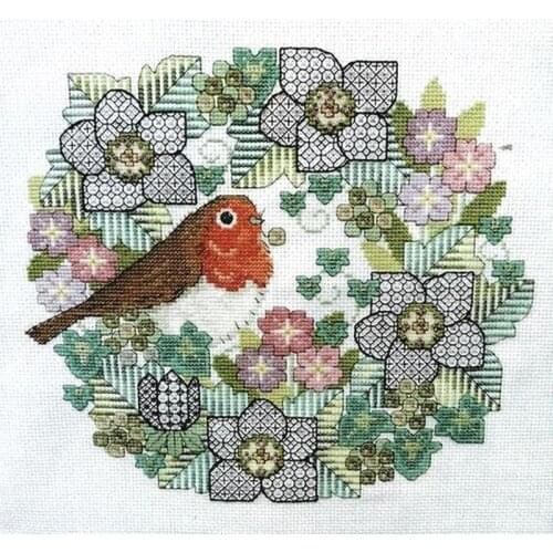 Hot Embroidery Blackwork Flowers with Robin Discount Cross Stitch Supplies with 100% Cotton Floss & Free Shipping for Wall Decor