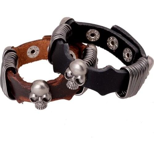 Gothic Rock Punk Hippie Jewelry Metal Skull Charm Genuine Leather Cuff Bangle Wristband Biker Women Men Vintage Fashion Bracelet