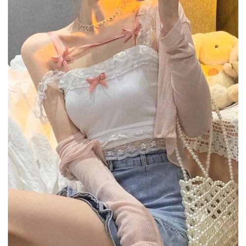 Kawaii Lace Splicing Soft Girl Lolita Vest Elegant White Short Sweet Tank Tops Lady Sling T Shirt Japan Summer Bow Cute Camisole