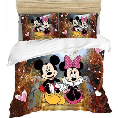 Disney Mickey Minnie Mouse Pattern Bedding Set Cute Couple Childrens Duvet Quilt Cover Pillow Cover Bedroom Decor Home Spin