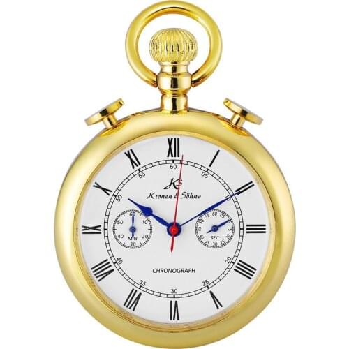 KS Retro Golden Carving Case Stopwatch Function Roman Numerals Clip Fob Chain Men Quartz Movement Pocket Watches Jewelry /KSP091