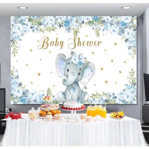 Laeacco Newborn Baby Shower Backdrop Blue Baby Elephant Gold Dots Flower Party Photozone Photography Background Photo Studio