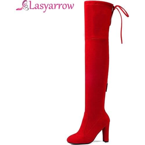 Lasyarrow 2018 Autumn Winter Over The Knee Boots Square High Heel Women Boots Sexy Ladies Lace Up Fashion Boots Size 34-43 F114