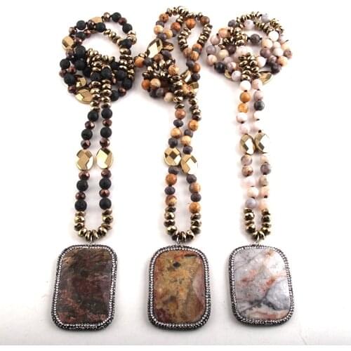 RH Fashion Beaded Jewelry Natural Stones Long Knotted Paved Rhinestone Semi Precious Rectangle Stone Pendant Necklaces For Women