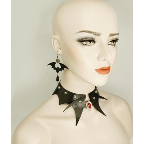 2PCS Necklace Earring Set European American Fashion Bat Retro Lace Black Rope Chain Female Party Halloween Party Creativity