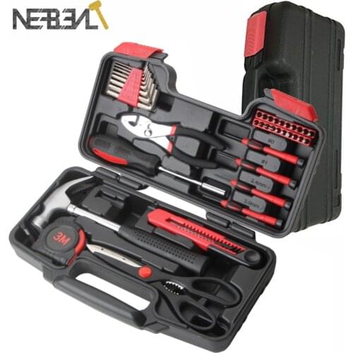 39pcs DIY Hand Tool Set General Household Home Repair Kit With Plastic Toolbox Storage Case Hammer Plier Screwdriver Knife