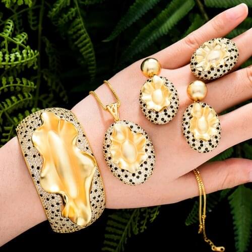 New Red Green Blue Surface Alloy Cuff Dubai Luxury Necklace Wide Bangle Earrings Ring Jewelry Set Wedding High Quality