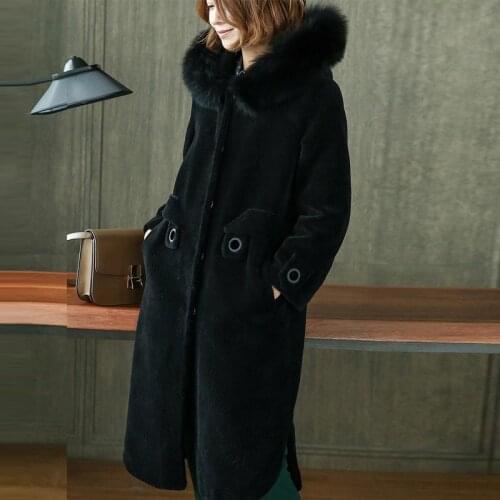 Autumn Winter Women Natual fox Hooded Wool Fur Coat Fashion Warm Long-sleeved Loose Black Overcoat Plus Size LX2067