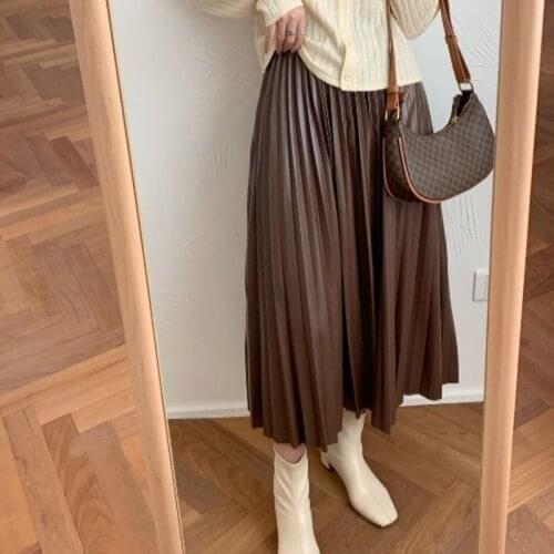 Autumn Winter PU-leather Pleated Skirt Women High Waist Japanese Korean style Fashionable All-match A-Line Mid-Long Skirt Female