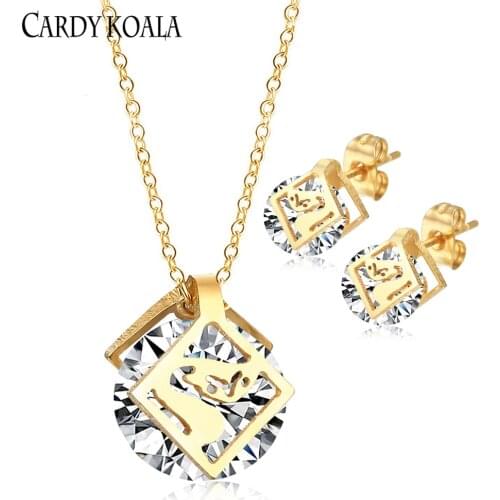 Square Clip Diamond Titanium Steel Pendant Necklace Shiny Rhinestone Earring Set Gold-plated Childrens Earring Necklace Jewelry