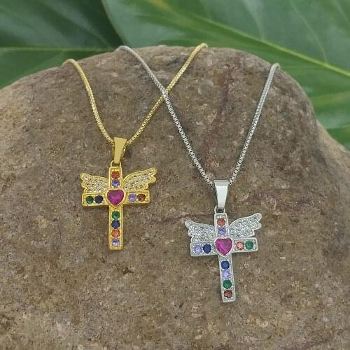 Shiny Heart Cross Necklace Women CZ Zircon Crystal Angel Wings Pendant Necklace Party Gift Gold Silver Colour Chain Necklaces