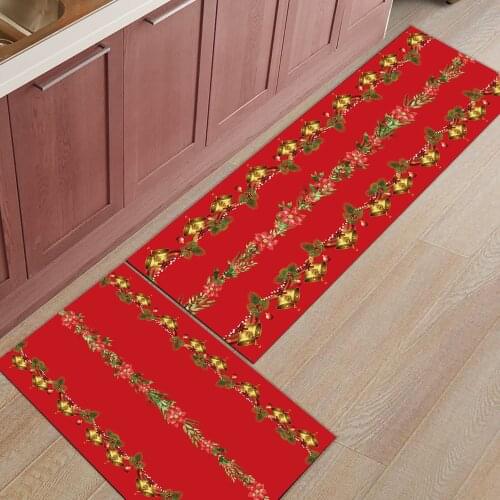 Christmas Red Flowers Bells Kitchen Mat Entrance Doormat Christmas Home Decor Living Room Carpet Bathroom Anti-slip Rug