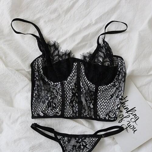 Sexy perspective lingerie underpants set nine-breasted wide-brimmed bra lace see-through hot bralette and briefs suit sutian