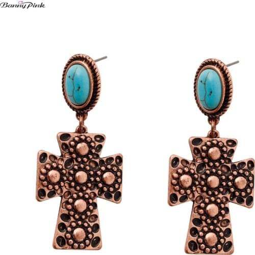 Banny Pink Religious Hammer Cross Earrings For Women Ethnic Geometric Stone Stud Earrings Vintage Christain Earrings Pendientes