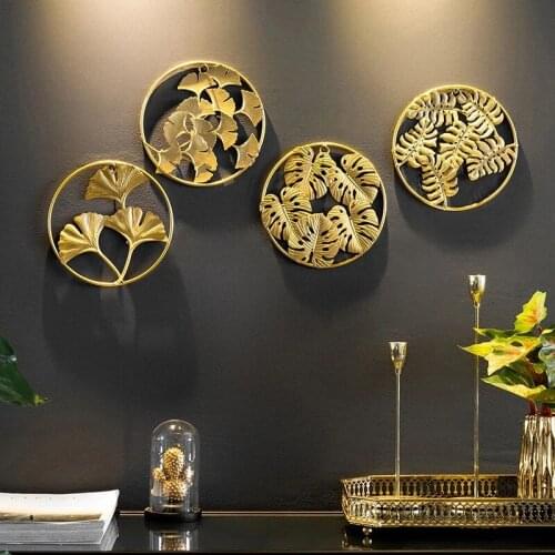 Nordic Ginkgo Home Decoration Metal Decor Living Room Wall Hanging Wall Decoration Round Golden Leaf Wall Hanging Display Stand