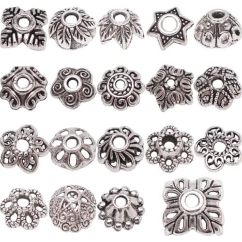 50pcs Tibetan Antique Silver Color Flower Bead End Caps For Jewelry Making Findings Needlework DIY Accessories Wholesale