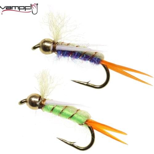 Vampfly 6PCS #12 Brass Bead Head Psycho Prince Nymphs Fly For Trout Fly Fishing Lures Baits Green/ Purple