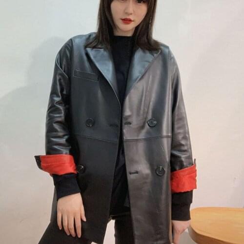 2020 Spring new leather mid-length leather coat womens sheep leather suit coat double breasted windbreaker tide