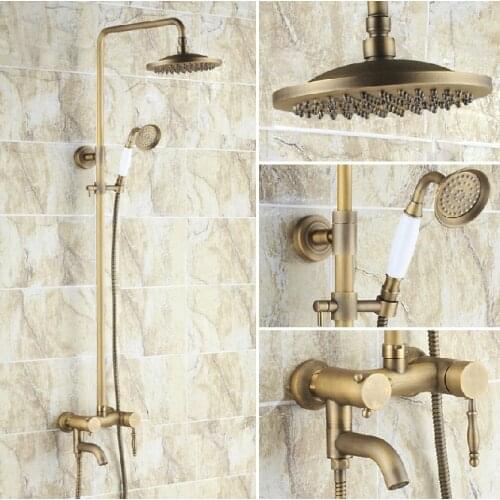 Vintage Retro Antique Brass Single Handle Bathroom 8 Inch Round Rain Shower Faucet Set Bath Tub Mixer Tap Hand Shower mrs151