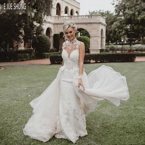 E JUE SHUNG Vintage Mermaid Wedding Dresses High Neck Hollow Back Lace Appliques Detachable Train Wedding Gowns Bride Dresses