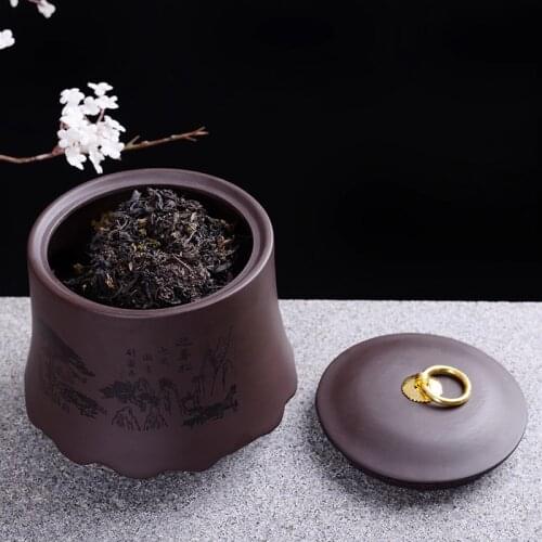 Yixing Purple Clay Tea Jar Hand Painted Seal Tea Storage Caddy Canister Coffee Beans Nuts Caddies Cans Household Art Decoration