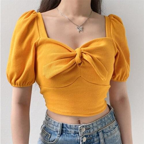 2021 Women TShirt Solid Color Square Neck T-shirts Bowknot Puff Short Sleeve Slim Fit Knit Crop Tops y2k clothes