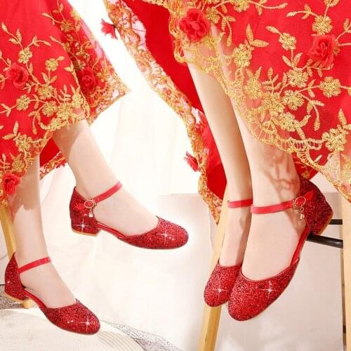 YMECHIC Summer 2019 New Reach Bling Women Low Heels Red Silver Gold Party Mary Jane Shoes Woman Chunky Heel Pumps Big Size 43